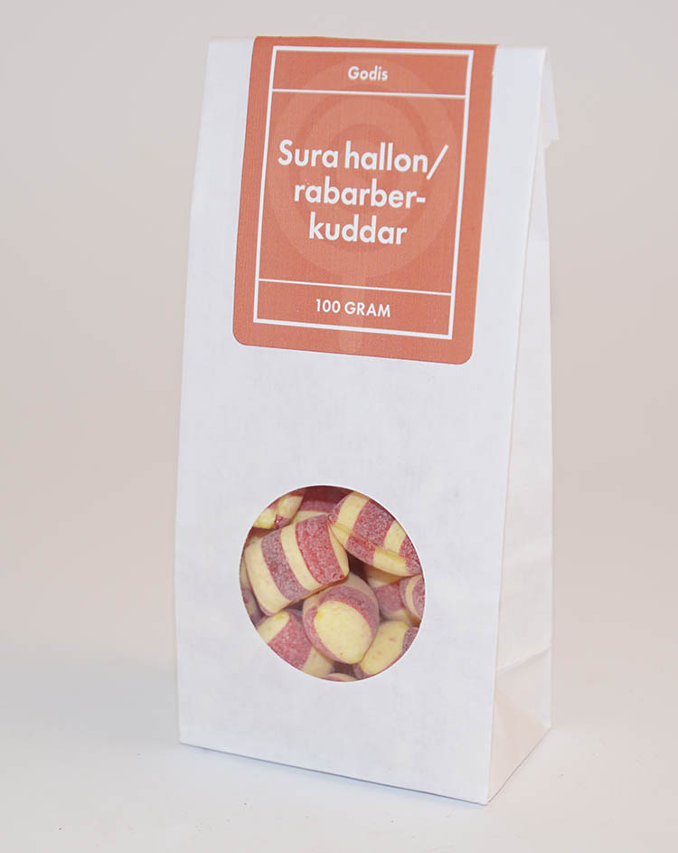 Sura hallon/rabarberkuddar GRENNA vit påse med fönster 100g