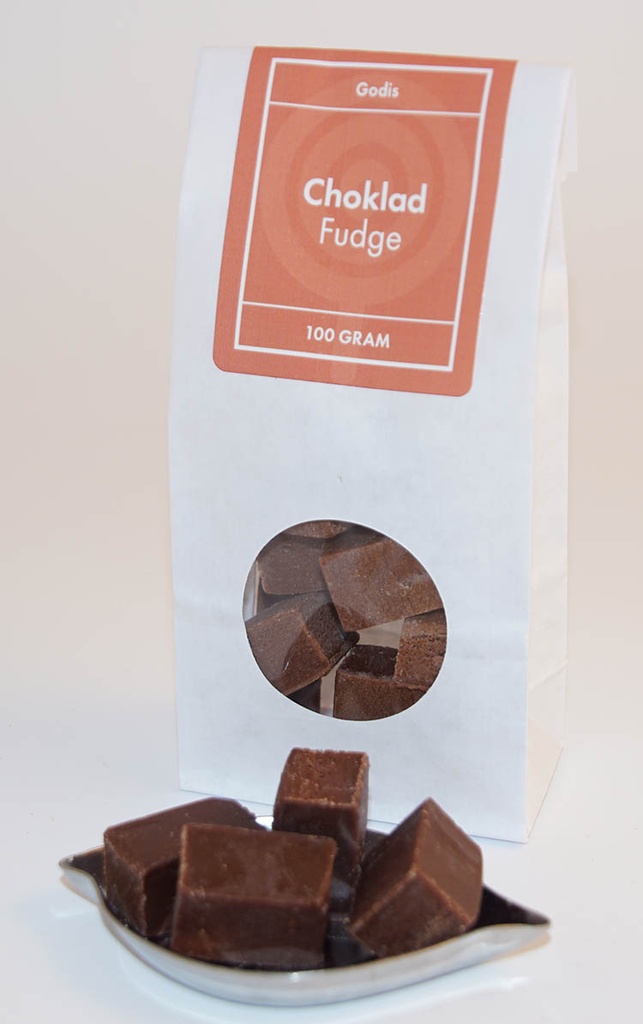 Chokladfudge kolafabriken vit påse med fönster 100g