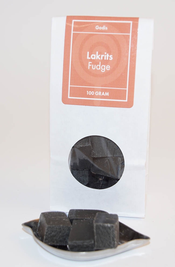Lakritssfudge kolafabriken vit påse med fönster 100g