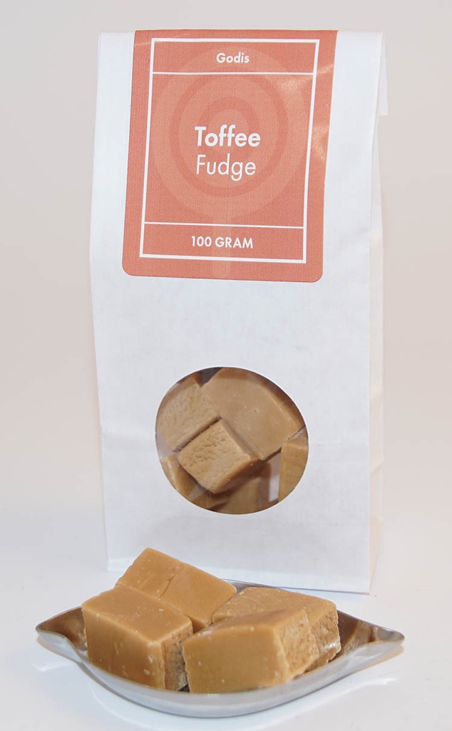 Toffeefudge kolafabriken vit påse med fönster 100g