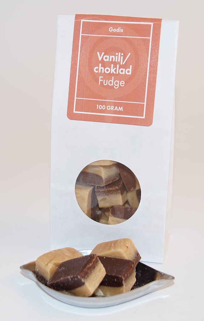 Vanilj/Choklad fudge kolafabriken vit påse med fönster 100g