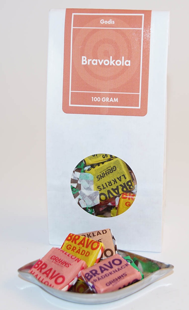 Bravokola vit påse med fönster 100g