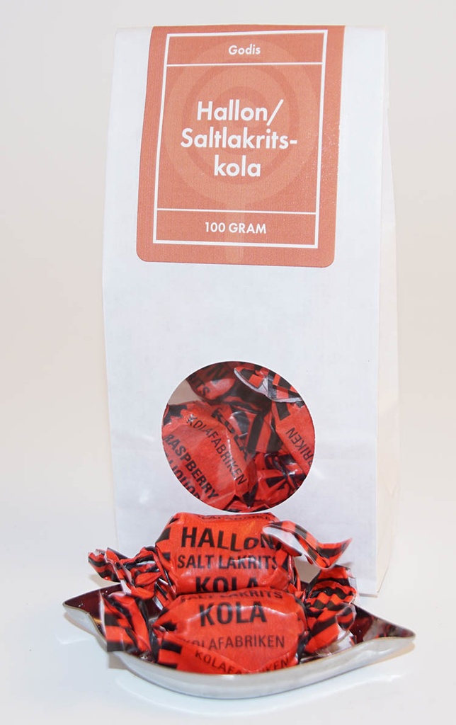 Hallon/Saltlakritskola kolafabriken vit påse med fönster 100g