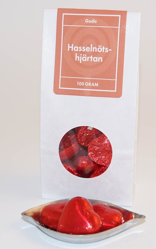 Hasselnötshjärtan rött papper vit påse med fönster 100g