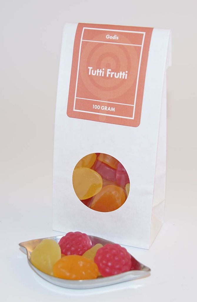 Tutti-frutti pack white bag with window 100g