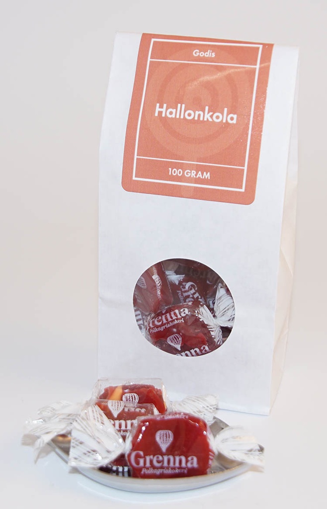 Hallonkola GRENNA vit påse med fönster 100g