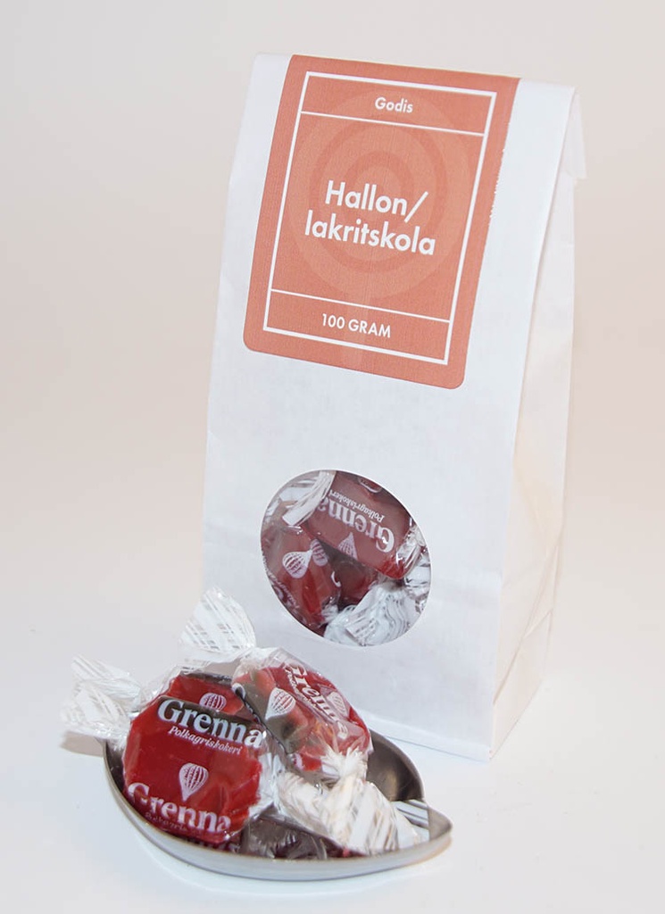Hallon/lakritskola GRENNA vit påse med fönster 100g