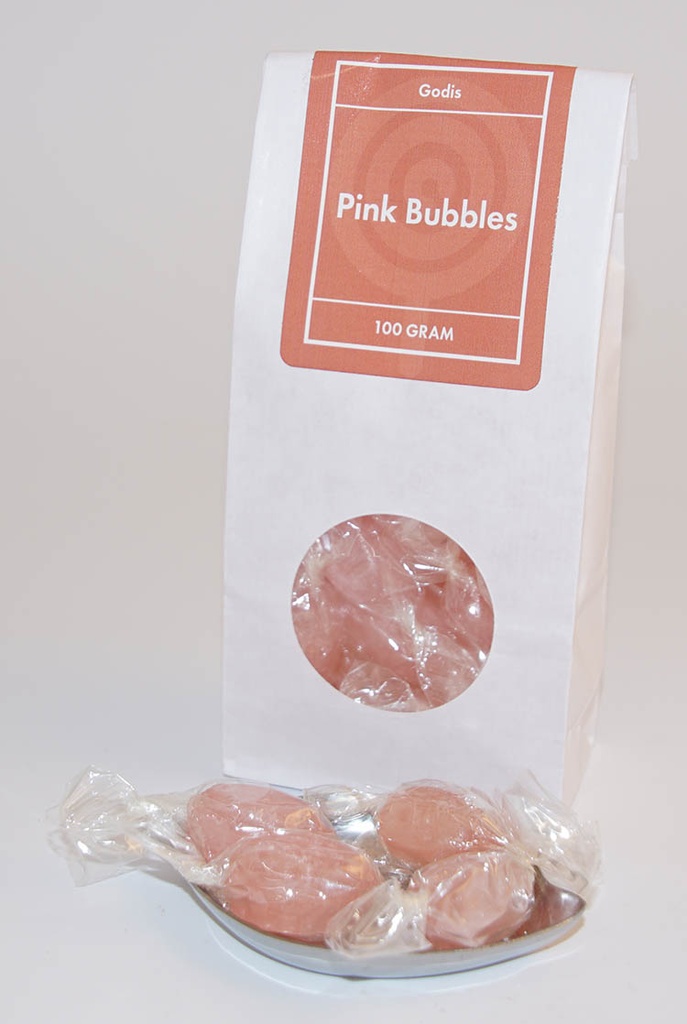 Pink bubbles godis vit påse med fönster 100g