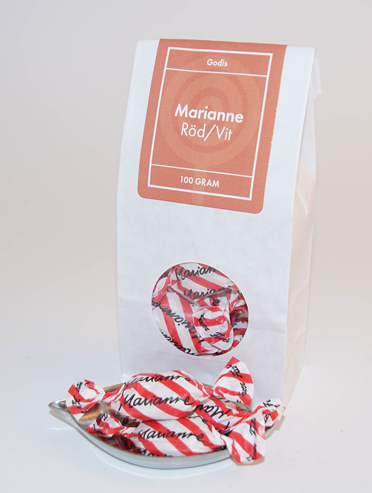 Marianne röd/vit vit påse med fönster 100g