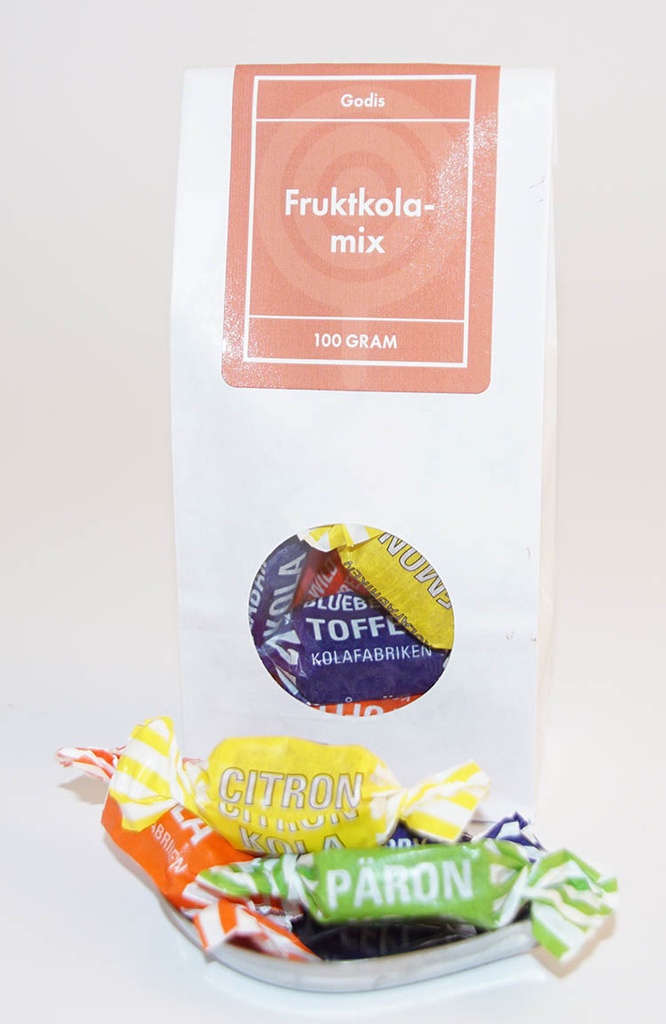 Fruktkolamix kolafabriken vit påse med fönster 100g