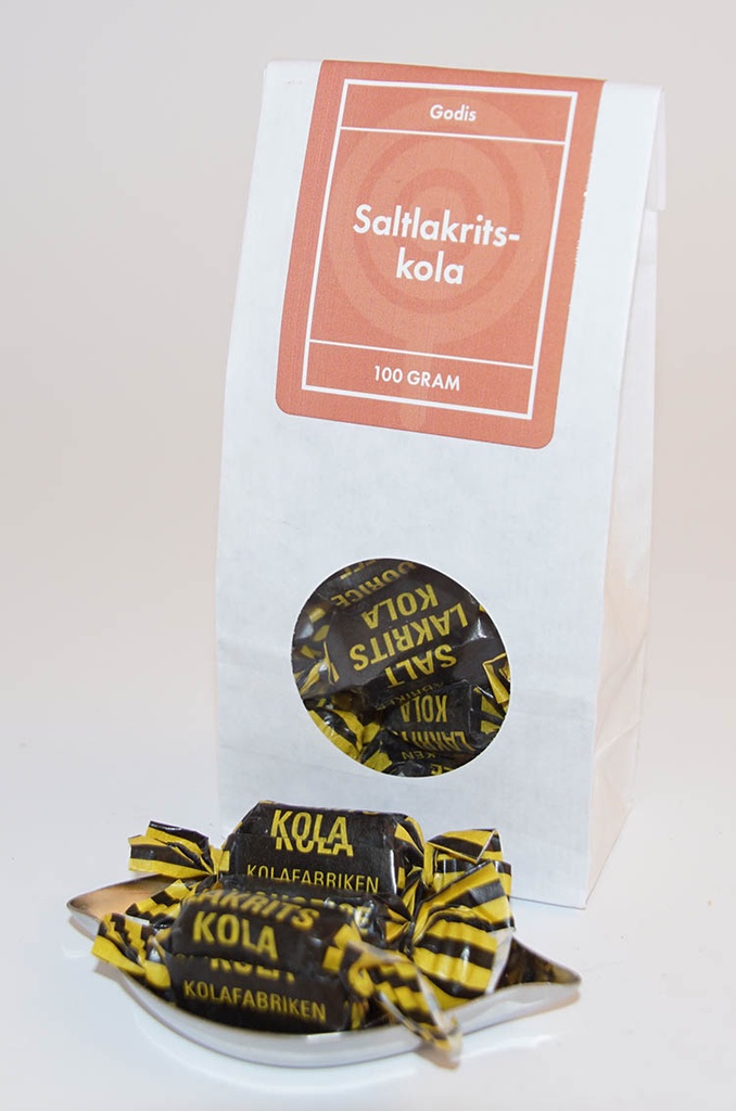 Salt liquorice toffee Kolafabriken white bag with window 100g