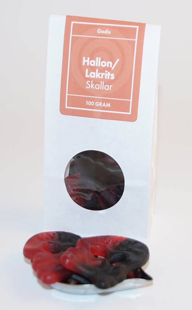 Raspberry/liquorice skull white bag with window 100g