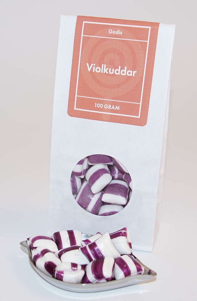 Violkuddar GRENNA (lila/vit) vit påse med fönster 100g