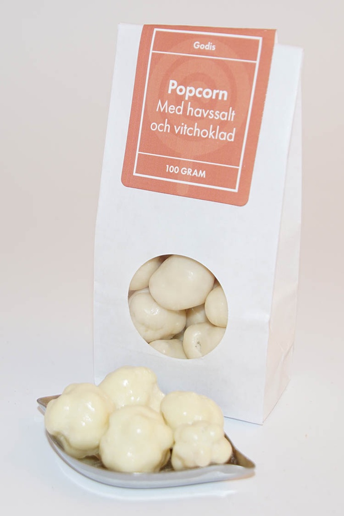 Popcorn m havssalt/vit choklad vit påse med fönster 100g