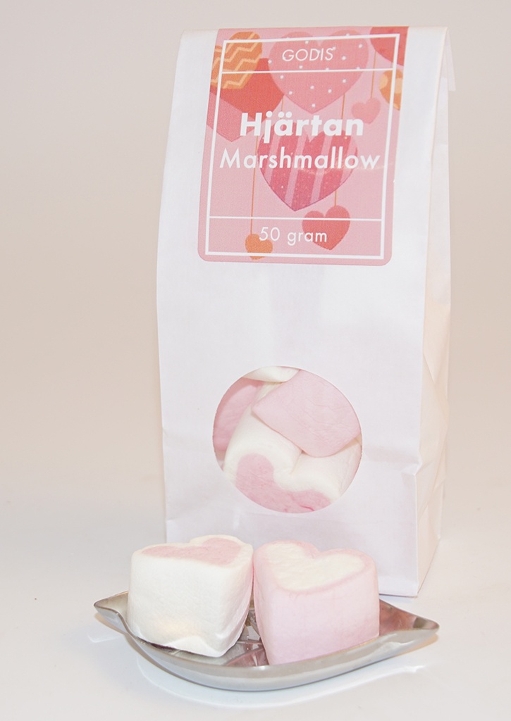 Hjärtan marshmallow 50g vit påse med runt fönster
