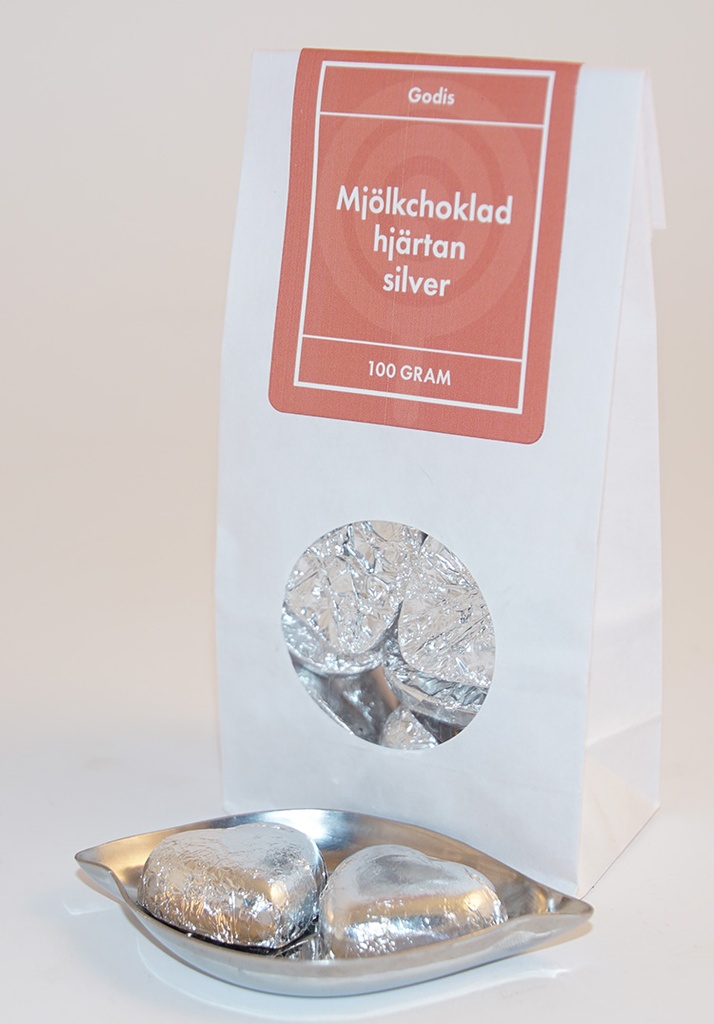 Chocolate hearts silver paper white bag with window 100g