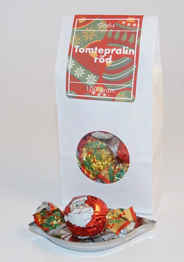 Tomtepralin RÖD vit påse med fönster 100g