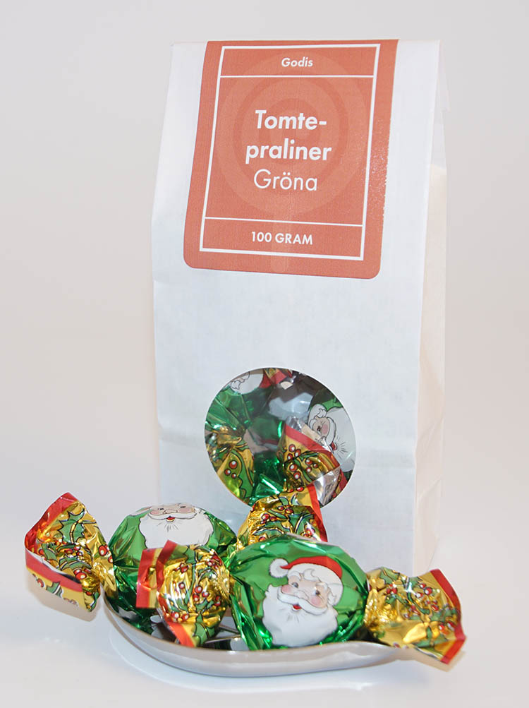 Tomtepralin GRÖN vit påse med fönster 100g