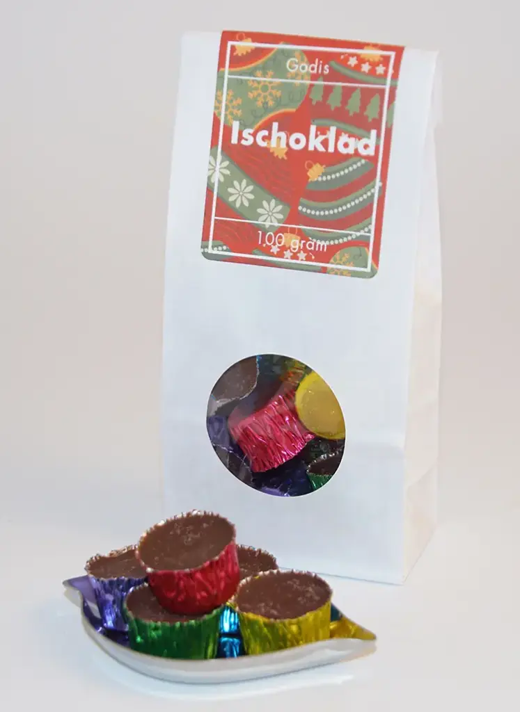 Ischoklad vit påse med runt fönster 100g