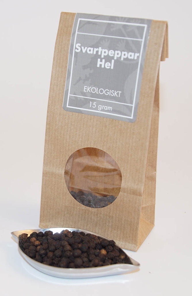 Svartpeppar hel EKO brun påse med fönster 15g