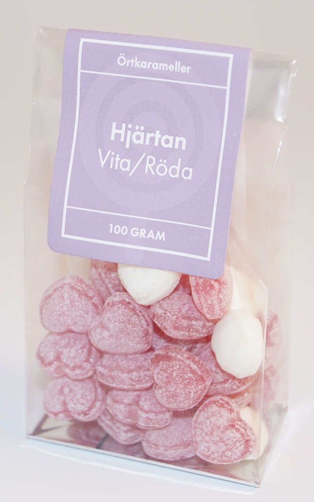 Hjärtan vita/röda örtkarameller i ståpåse 100g