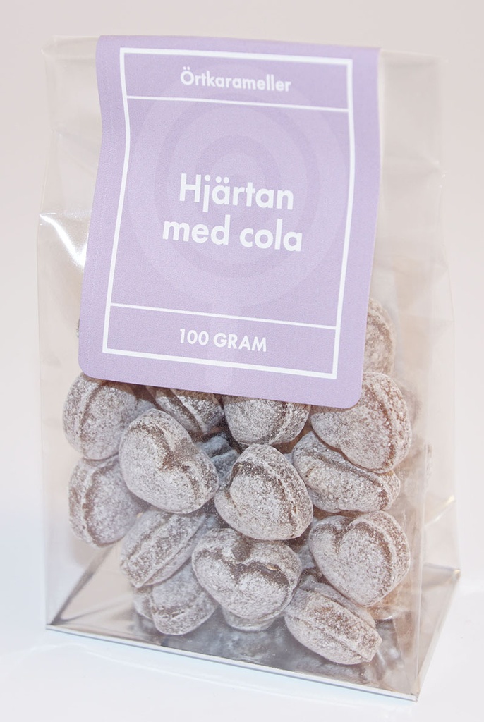 Hjärtan med cola örtkarameller i ståpåse 100g