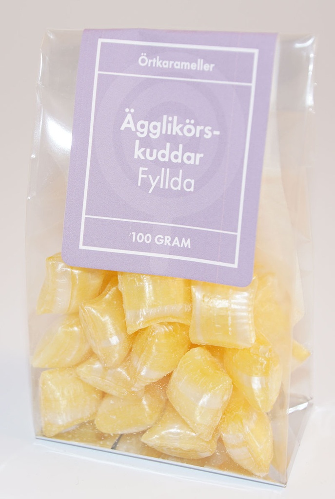 Ägglikörkuddar fyllda örtkarameller i ståpåse 100g