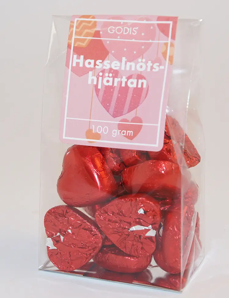 Hazelnut hearts red paper pack in stand-up pouch 100g
