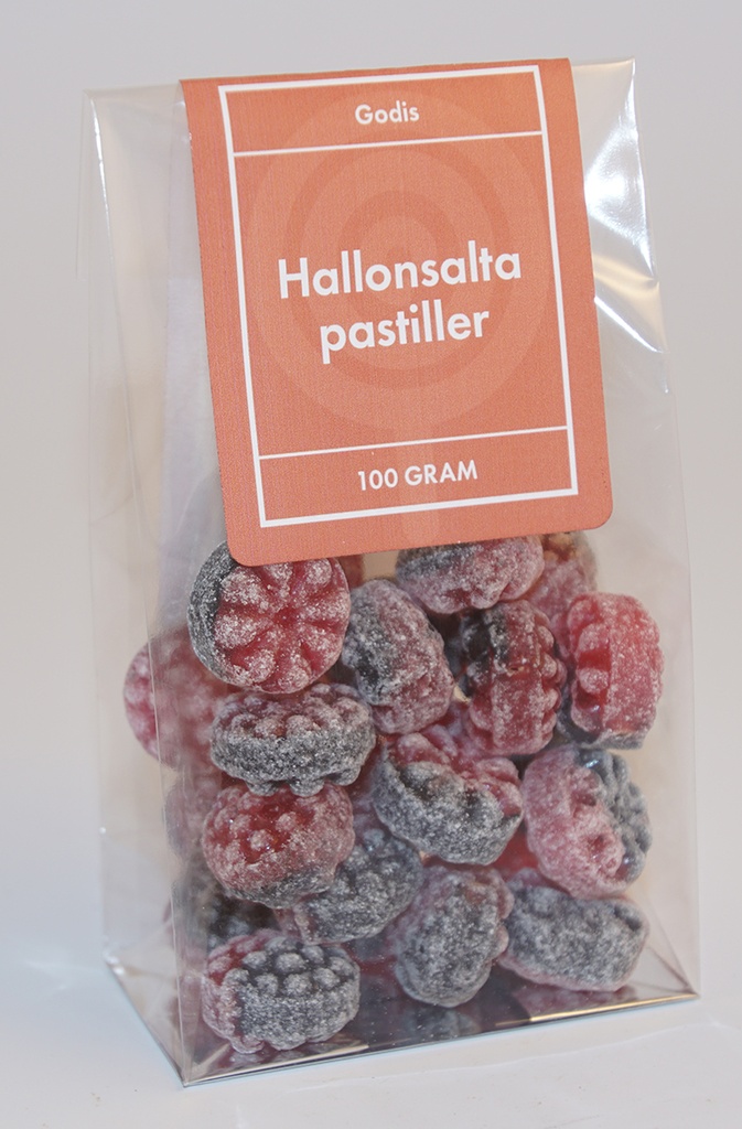 Hallonsalta pastiller GRENNA i ståpåse 100g