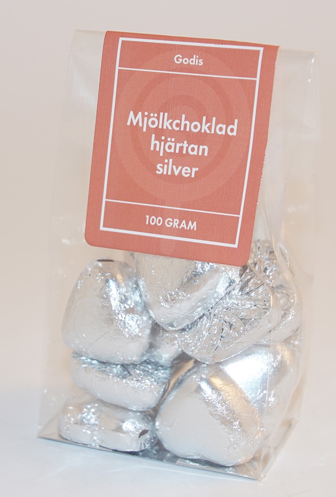 Chocolate hearts Silver paper pack in stand-up pouch 100g