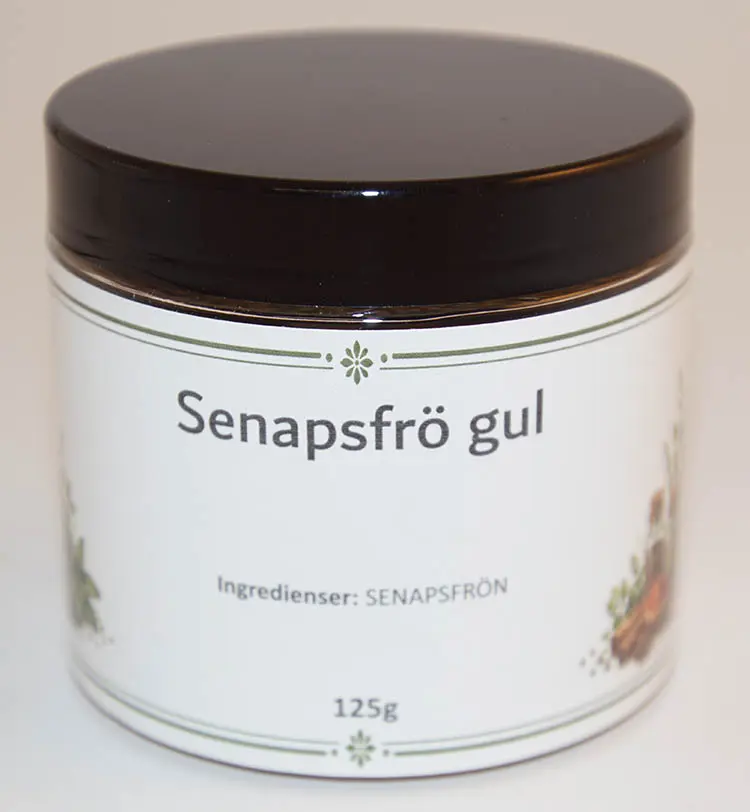 Senapsfrö gula fp i petburk med svart lock 125g
