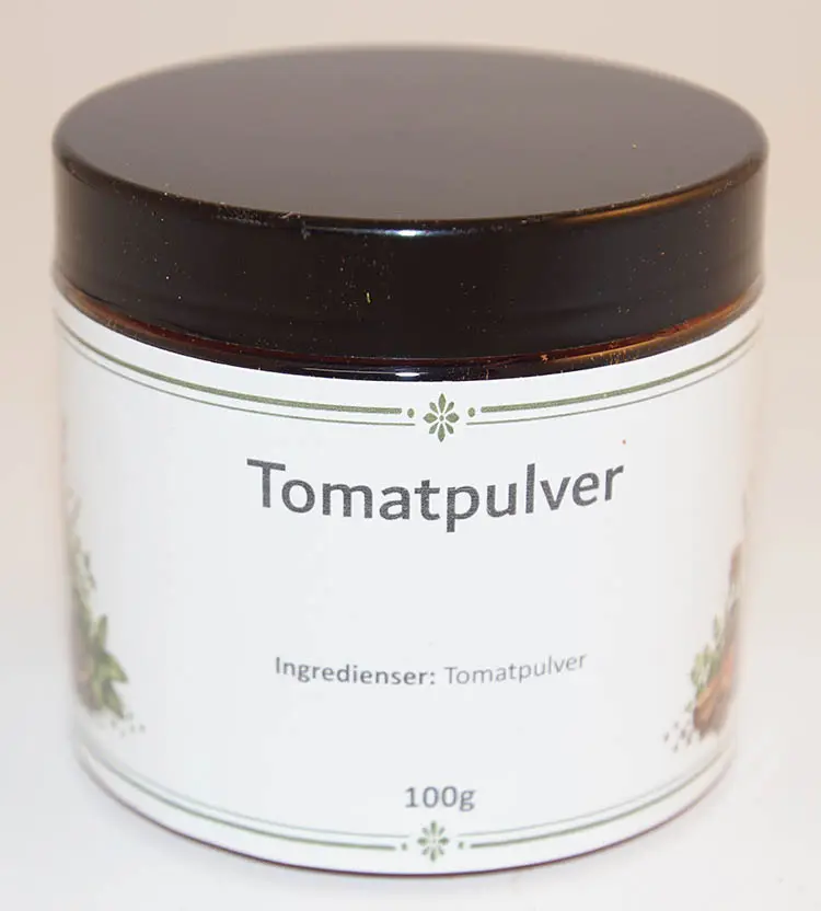 Tomatpulver i PET-burk med svart lock