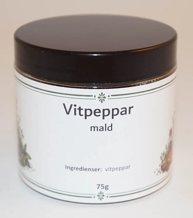 White pepper ground pack in PET jar with black lid 75g