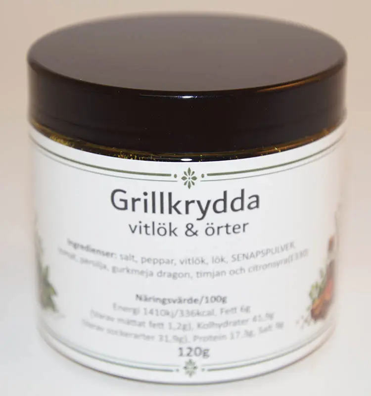 Grillkrydda vitlök/örter i PET-burk med svart lock 120g