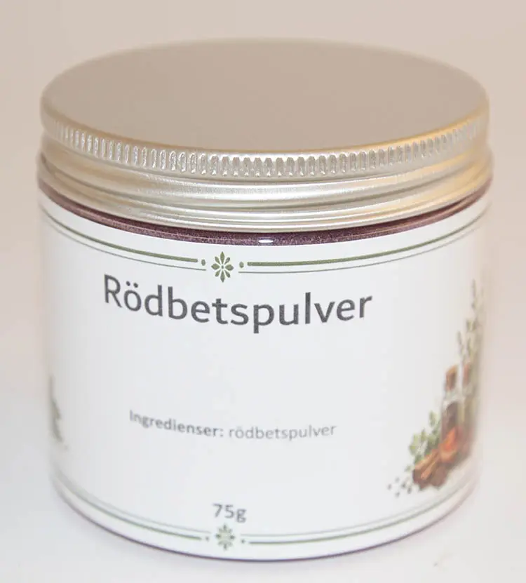 Beetroot powder in PET jar with silver lid