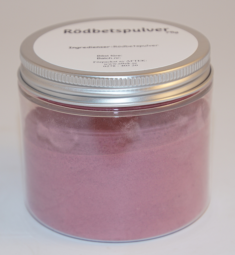 Beetroot powder in PET jar with silver lid