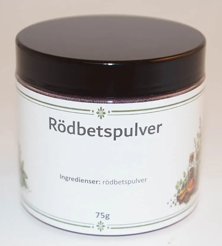 Rödbetspulver i PET-burk med svart lock