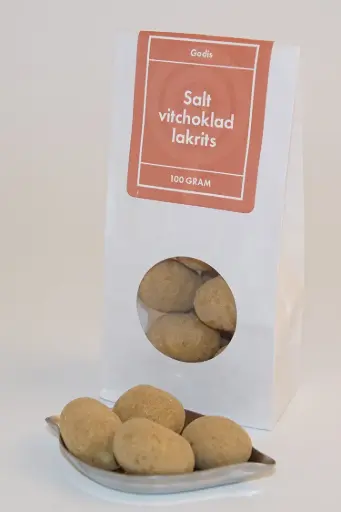 [L9091] Salt White chocolate liquorice NARR in white bag with window 100g