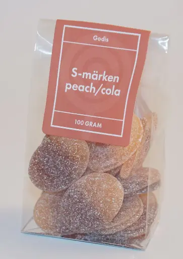 [P9728] S-märke Peach/cola fp i ståpåse 100g