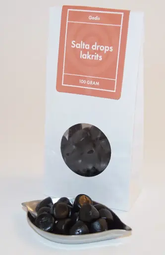 [L9508] Salty drops liquorice Finnish white bag with window 100g