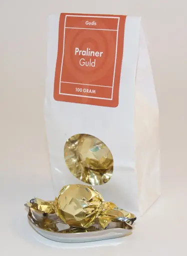 [L9408] Chokladpralin Guldpapper vit påse med fönster 100g