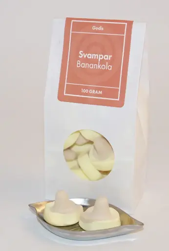 [L9711] Svampar banankola vit påse med fönster 100g