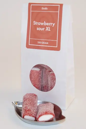 [L9764] Strawberry sour XL vit påse med fönster 100g
