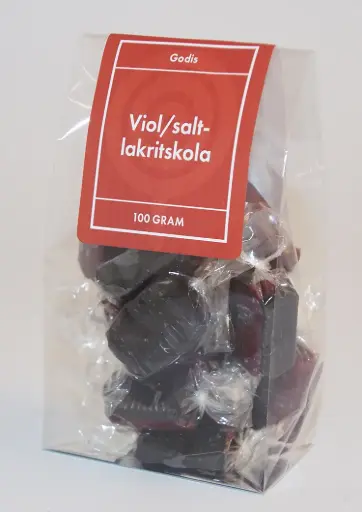 [P9608] Viol/Saltlakritskola kolafabriken i ståpåse 100g