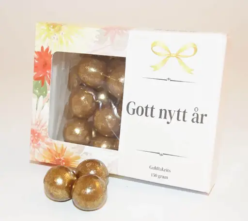 [J9050B] Guld lakritskulor i ask B Gott Nytt År 150g