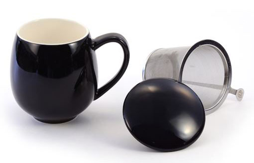 [1502] Mug black glossy with insert strainer and lid
