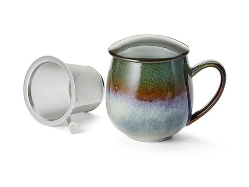 [1510] Mug dark green  glazed with insert strainer and lid