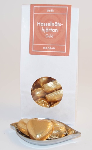 [L9079] Hasselnötshjärta Guldpapper vit påse med fönster 100g