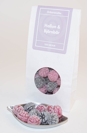 [L9156] Hallon och björnbär örtkarameller vit påse med fönster 100g