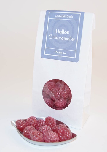 [L9174] Hallon Sockerfria örtkarameller vit påse med fönster 100g